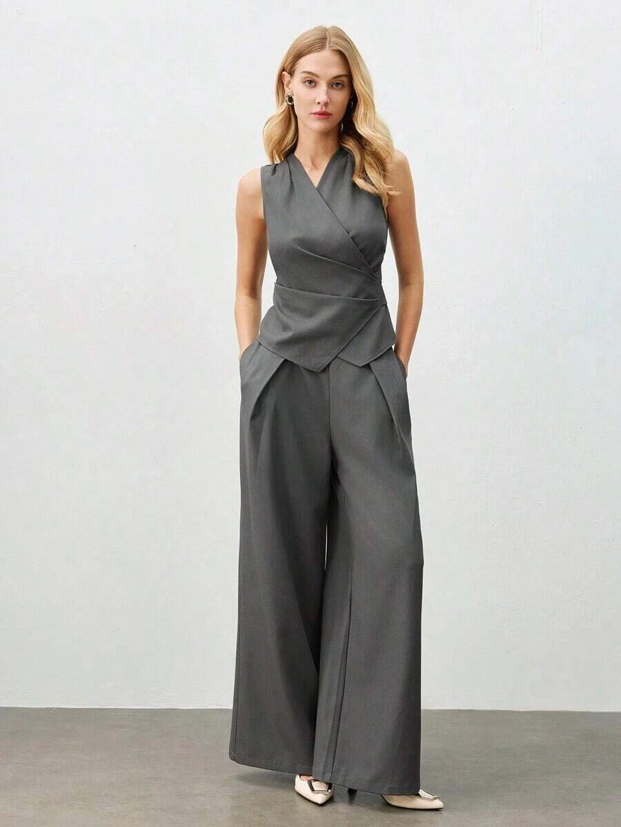Nuevo conjunto de chaleco plisado en la cintura y pantalones de pierna ancha para mujer, primavera/verano.Elegante atuendo urbano para ir al trabajo. - Gris - Ver 1