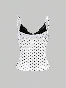 Camiseta de mujer con cuello en U, con detalles de encaje y estampado de lunares modernos - Blanco - Ver 2