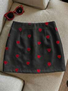 Falda con cierre de cremallera, estampado de corazón, de corte evasé y talle bajo, de estilo coreano y de nueva moda, que estiliza la figura de la mujer - Negro - Ver 2