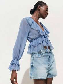 Blusa con botones y mangas con volantes con estampado floral de verano - Azul - Ver 6