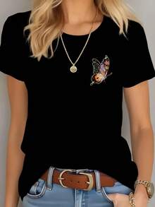 Camisetas de Manga Corta para Mujer - Blusa Casual de Verano con Estampado de Mariposa (XS-XXL) | Ropa Cómoda para Exteriores | Top de Manga Corta con Puños | Camiseta Versátil para Mujer | Lavado a Mano, No Tejido - Negro - Ver 6