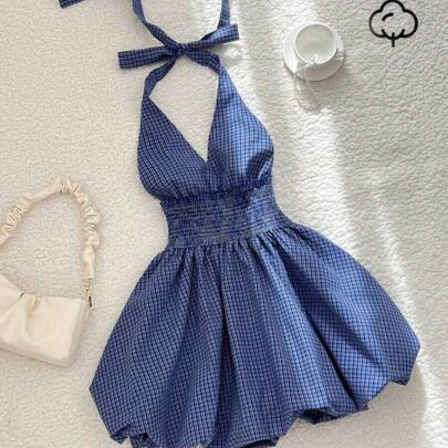 Vestido midi con cuello halter, volantes y corbata a cuadros azul para mujer - Azul - Ver 1