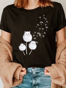Short-Sleeved T-Shirt With Round Neck And  Letter Print Featuring Dandelion Flowers And A White Cat, Casual Spring And Summer Clothing For Women - 黑色 - 查看 6