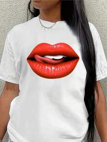 Polyester Short-Sleeved T-Shirt, Adorned With A Striking Red Lip Print, Lightweight And Durable, Suitable For Casual Wear At Restaurants Or At Home, Comfortable And Fitted For Everyday Wear, With A Stylish Design, Perfect For Complementing Feminine Outfits. Women's Shirts - 白色 - 查看 7