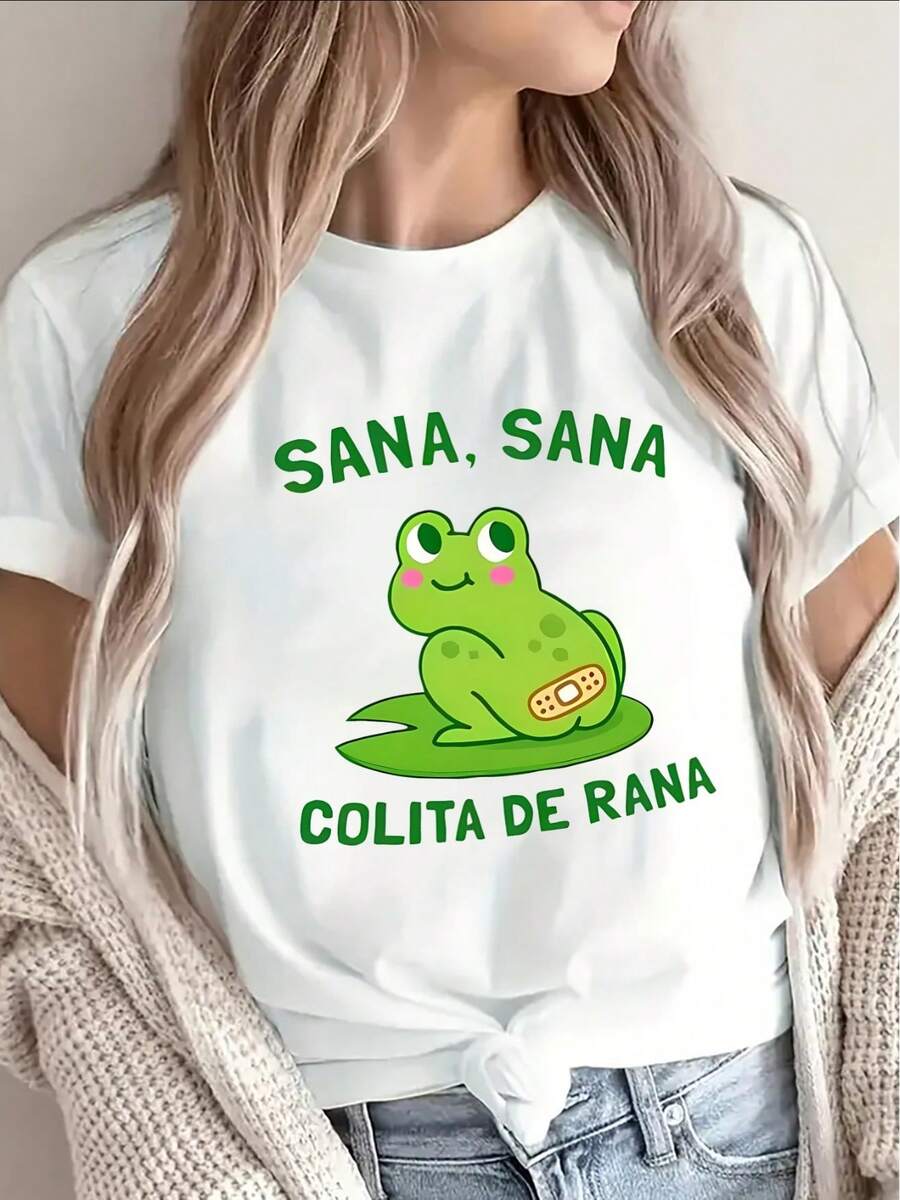 [Diseño divertido y cómodo] Playera de Manga Corta de con Diseño de Rana Sana Sana Colita de Rana, Ligera, Duradera, Uso Casual para el Hogar, Restaurante o al Aire Libre, Ajuste Cómodo, Divertido Estampado Gráfico, Perfecta para Actividades CotidianasDaily Casual Round Neck Short Sleeve-Shirt Women - Blanco - Ver 1