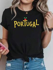 1 Piece Women's T-Shirt With Round Neck And Portuguese National Theme Print "PORTUGAL", Apple Blossom Decoration, Casual Short Sleeve, Travel Cultural Style For Enthusiasts, 180g 100% Cotton - 黑色 - 查看 7