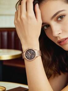 玫瑰金不鏽鋼計時碼錶，Fossil ES5218 36mm 棕色珍珠母貝錶盤女款奢華防水 50m 手錶 - 灰色+玫瑰金 - 查看 5