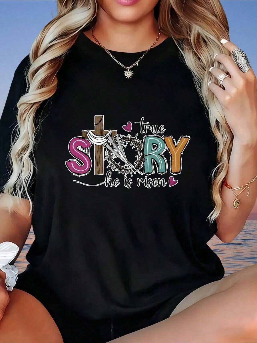 Camiseta de Pascua Cristiana para Mujer "Historia Real Él Ha Resucitado" con Diseño de Cruz y Corona de Espinas, Blanca - Negro - Ver 1