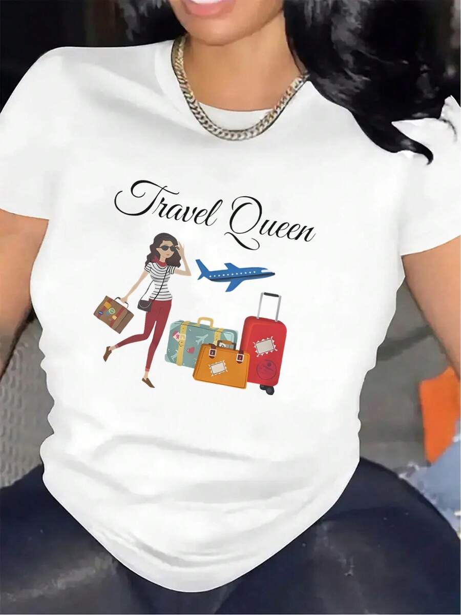 Camiseta de manga corta Travel Queen Design |   Adecuado para aventuras al aire libre, ligero y duradero, ideal para uso casual en el comedor o la sala de estar, ajuste cómodo con estampados elegantes, cuello redondo, tela de elasticidad media. - Blanco - Ver 1