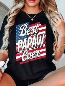 Camisetas gráficas de mujer, camisetas gráficas de cuello redondo de gran tamaño para mujer, camiseta 100% algodón, ropa casual con la bandera americana "El mejor Papá del Mundo", camisetas de manga corta holgadas para primavera, camisetas básicas de moda de verano, ropa de regalo para mujer, camisetas de algodón de verano para mujer. - Negro - Ver 10