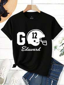 Camiseta Casual Personalizada para Mujer, Manga Corta, Estampado de Fútbol - Camiseta Casual de Manga Corta con Cuello Redondo, Lavable a Máquina y Cómoda para Todas las Temporadas, Camiseta Personalizada, Cómoda para Uso Diario, 100% Algodón, Duradera - Negro - Ver 2