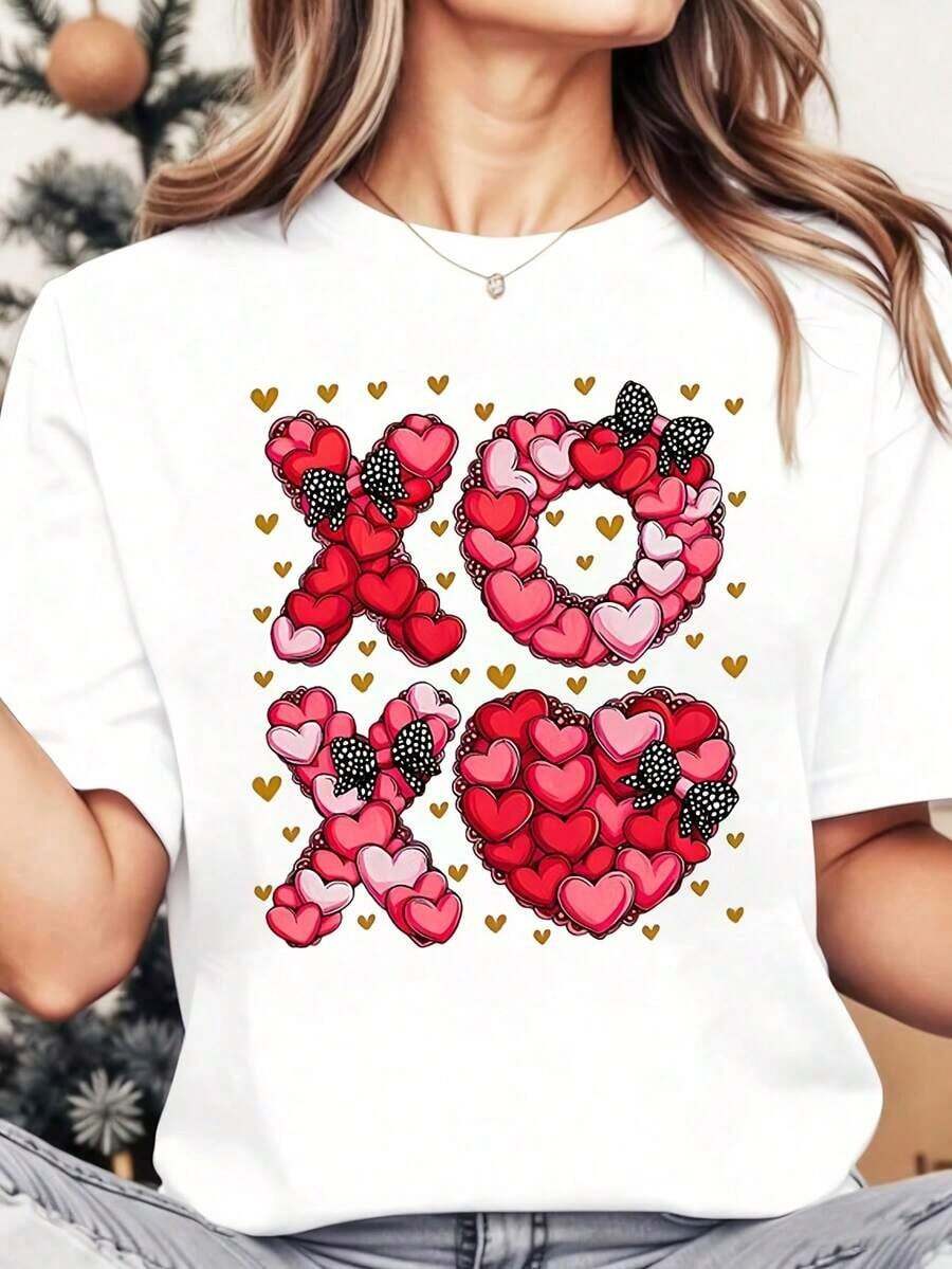 Camiseta Casual para Mujer, Cuello Redondo, Estampado de Corazón y Xo, Manga Corta, Ropa Casual para el Día de San Valentín, 100% Algodón, Duradera - Blanco - Ver 1