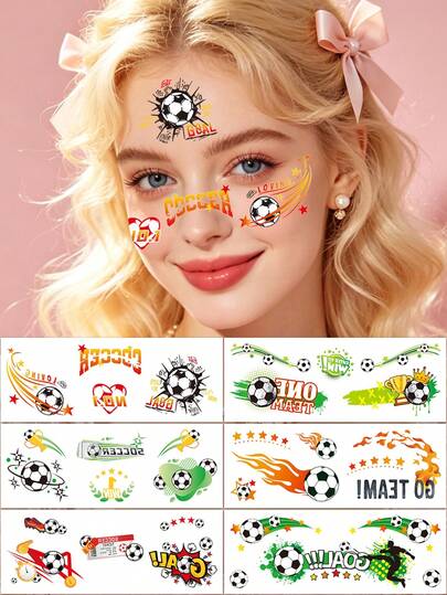 6Sheets Soccer Fan Cheer Face Temporary Tattoos, Sports Football Match Temporary Face Tattoo Stickers, Festivals & Parties, Football-Patterns Body Stickers For Arms & Face, Waterproof Football Themed Stickers