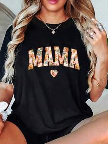 Lightweight Floral Print Shirt For Mom - Casual Short Sleeves, Round Neck, Geometric Pattern, Stretchy Fabric, Regular Fit, Suitable For Mother's Day And Gardener Outfits, All-Season Wear, Casual Wear. | Fun Print T-Shirt | Comfortable Fit Everyday Casual Outfit - 黑色 - 查看 1