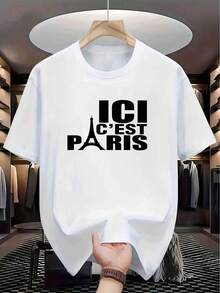 Unisex Short-Sleeved T-Shirt For Men. Inside. C'Est Paris. Eiffel Tower. Creative Print. Polyester. Summer T-Shirt. Quick-Drying. Breathable. Loose. Round Neck. Street Style. Versatile. Casual. Short-Sleeved. Men's T-Shirt. , ,  Women's, Romwe Men's, Boho Chic, Teachers' Gifts, T-Shirt For Curvy Women's Sets For, Y2k, - 白色 - 查看 6
