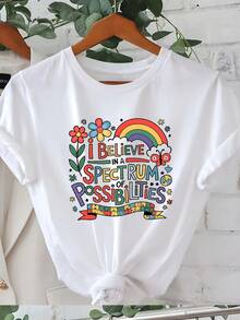 1 Women's Autism Awareness T-Shirt - With Puzzle Design "I Believe In Autism", Suitable For Mothers, Fathers, Therapists And Staff With Autism - Comfortable Casual Short Sleeve Crew Neck Wear, 180g, 100% Cotton. - 白色 - 查看 1