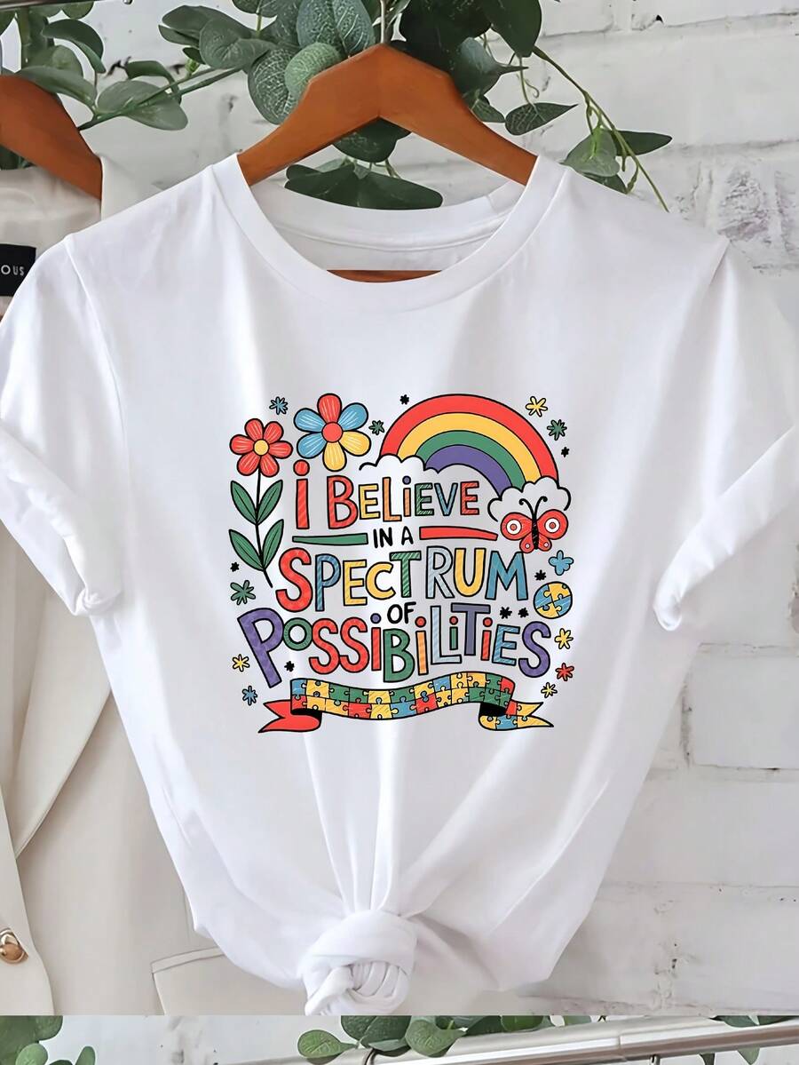 1 Women's Autism Awareness T-Shirt - With Puzzle Design "I Believe In Autism", Suitable For Mothers, Fathers, Therapists And Staff With Autism - Comfortable Casual Short Sleeve Crew Neck Wear, 180g, 100% Cotton. - 白色 - 查看 1
