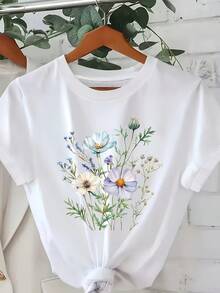 Women's Spring Summer Floral Print T-Shirt, Casual Round Neck Short Sleeve Top, Breathable Lightweight Tee, Cute Flower Graphic, Perfect For Summer Outfits And Daily Casual Wear - 白色 - 查看 1