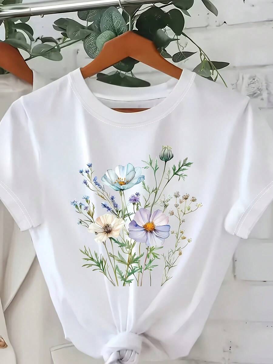 Women's Spring Summer Floral Print T-Shirt, Casual Round Neck Short Sleeve Top, Breathable Lightweight Tee, Cute Flower Graphic, Perfect For Summer Outfits And Daily Casual Wear - 白色 - 查看 1