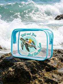 Clear Pvc Travel Toiletry Bag With Blue Trim, "Wild And Free Just Like The Sun" Sea Turtle Print Cosmetic Pouch, Makeup Organizer For Beach & Vacation, Waterproof Zipper Pouch For Toiletries, Sunscreen, And Travel Essentials, Lightweight, Durable, And Quick-Drying, Perfect For Beach Trips, Pool Days, Air Travel - Multicolor - View 3