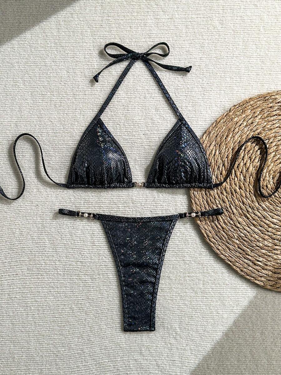 Snake Skin Print Sexy Backless Lace-Up Swimwear, Suitable For Beach & Holiday In Summer Vacation - Black - View 1
