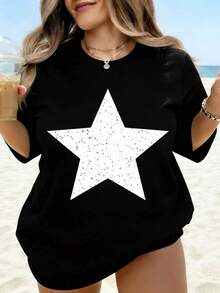 White T-Shirt With Black Star Print, Loose Casual Top, Ideal For Beach Holidays, Summer Clothes, Printed T-Shirt, Fashion Item - 黑色 - 查看 7