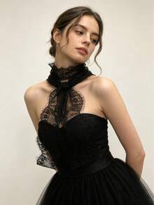 1pc Solid Color Lace Flower Eyelash Lace Ribbon Scarf - Black - View 7