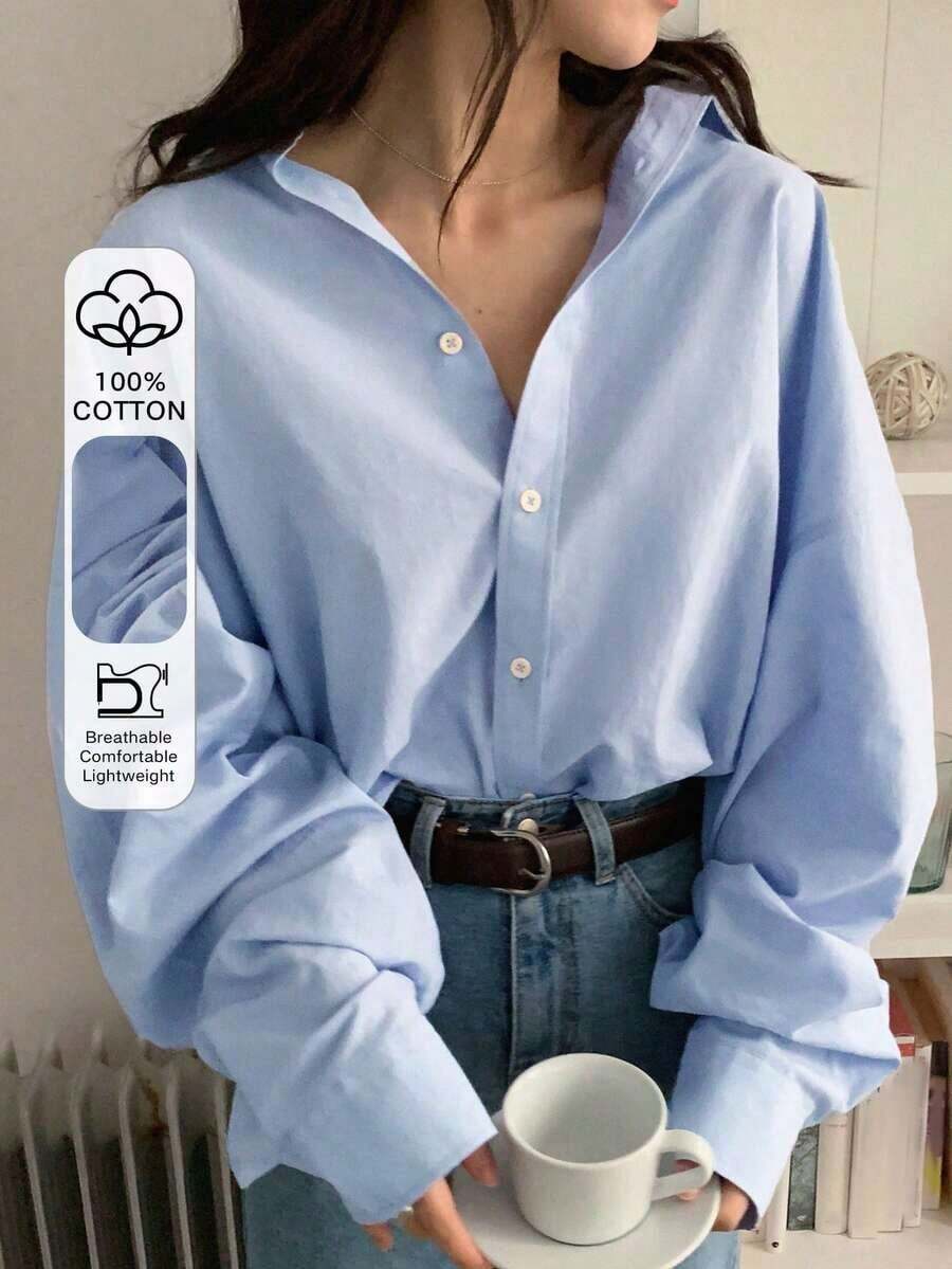 Camisa casual de mujer de un solo pecho de manga larga con hombros caídos y unicolor - Gris - Ver 1