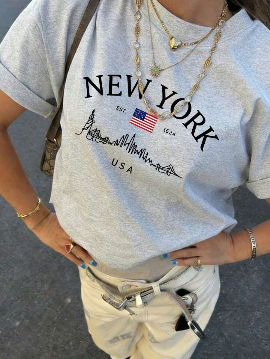 Women's Short-Sleeved T-Shirt With A Round Neck And Simple Slogan Print, Casual Summer Style, Loose Fit, Ideal For Everyday Wear And Holidays. Women's T-Shirt. White - 淺灰色 - 查看 1