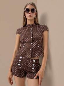 HZXVIC Damen neuer süßer Polka Dot Kurzarm Knopfoberteil + Polka Dot Shorts mit hoher Taille Set, elegant für den Sommer - Braun - Übersicht 8
