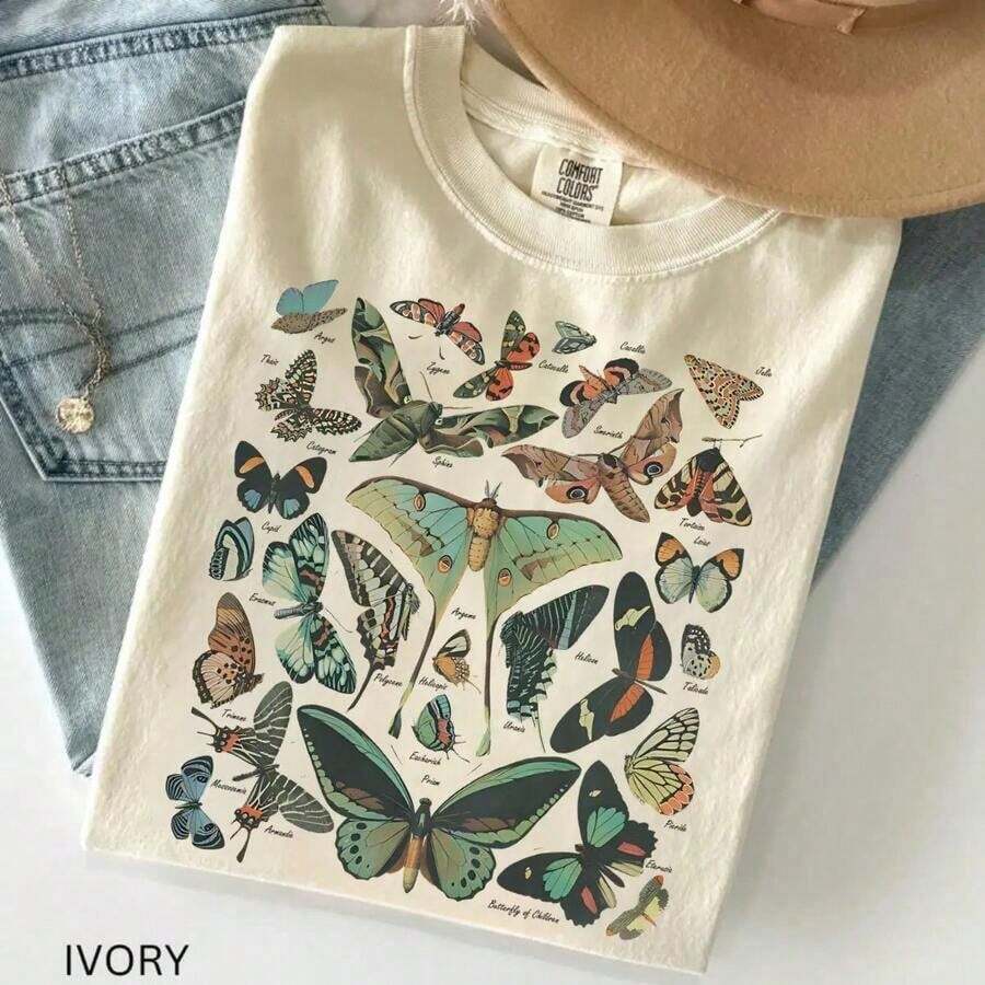 Cute Unisex Premium Casual T-Shirts, 100% Cotton, Vintage T-Shirt With Butterflies And Moths – Cottagecore Aesthetic T-Shirt, Gift For Nature Lovers, Soft And Comfortable T-Shirt – Unisex Everyday Wear For Women And Men On Campus - 杏色 - 查看 1