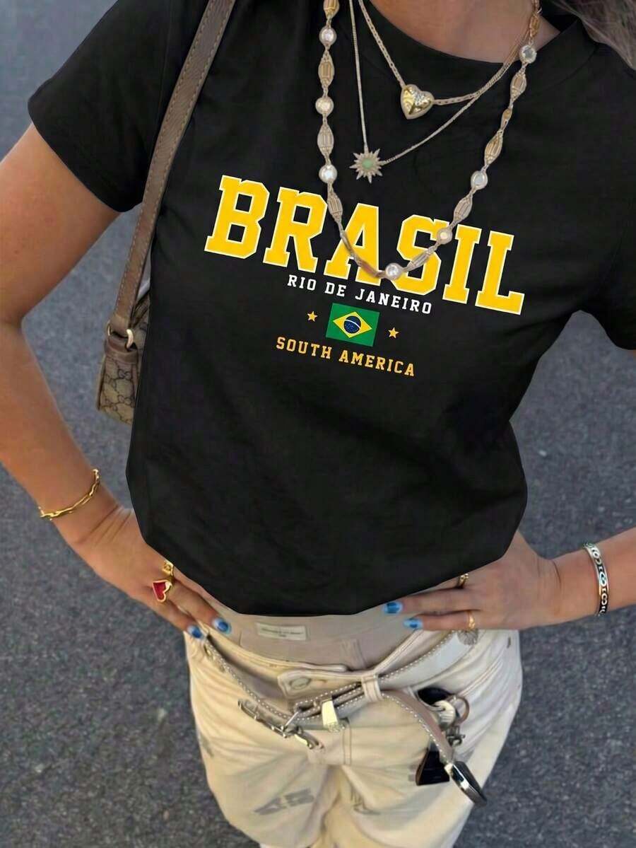 Loose-Fitting T-Shirt With "BRAZIL" Lettering And Brazilian Flag Print, Brazilian Y2K Sporty Style, Street Style, Short-Sleeved And Casual For Women, Women's Casual Graphic Print T-Shirt | Summer 2026 - 黑色 - 查看 1