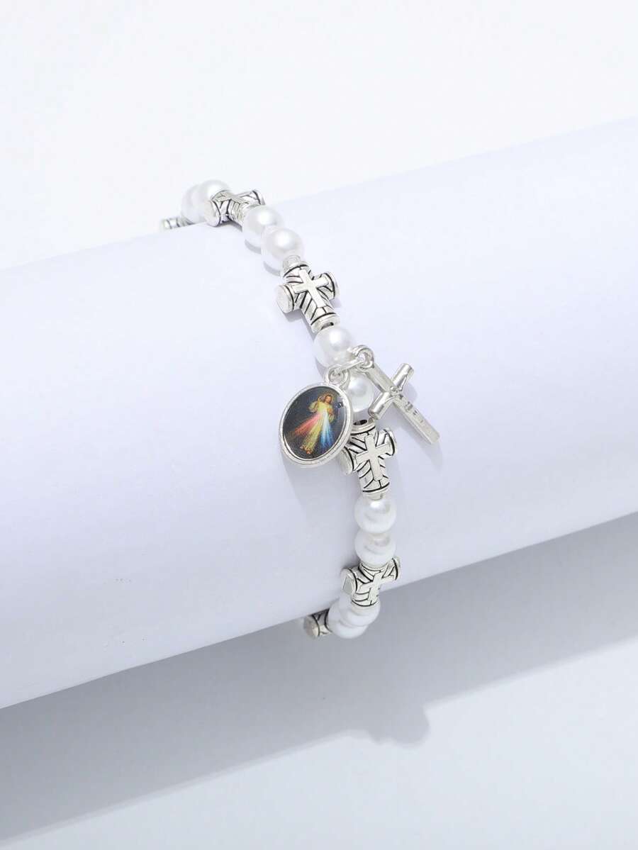 1pc Acrylic Cross Bracelet For Men, Versatile Vintage Hip-Hop Jewelry, Great Gift For Family And Friends - White - View 1