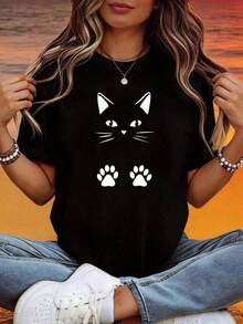 Women's Premium Summer Tops, Casual Style. Wo Summer Top. Short-Sleeved Casual T-Shirt. Cat Face And Paw Print Design. Suitable For Everyday Casual Wear. Lightweight. Wo Casual Top | Wo Summer T-Shirts Are A Must-Have For Everyday Casual Wear. A Hit. Great Gift Idea. - 黑色 - 查看 1