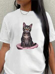 Short-Sleeved T-Shirt With Adorable Cat Print, Lightweight And Durable, Round Neck, Soft, Comfortable And Medium Stretch Fabric, Black And White Design, Ideal For Home, Kitchen Or Everyday Casual Wear, Mature Style, For All Seasons - 白色 - 查看 1