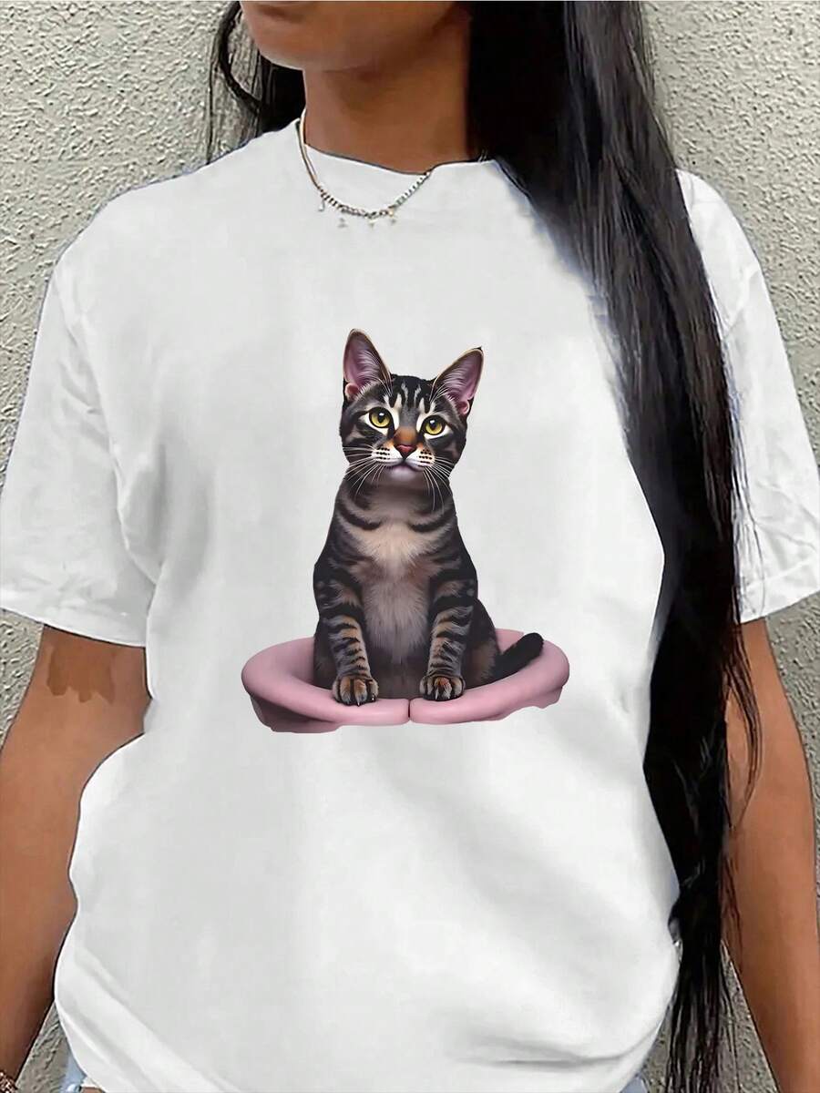 Short-Sleeved T-Shirt With Adorable Cat Print, Lightweight And Durable, Round Neck, Soft, Comfortable And Medium Stretch Fabric, Black And White Design, Ideal For Home, Kitchen Or Everyday Casual Wear, Mature Style, For All Seasons - 白色 - 查看 1