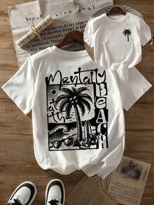 Women's Summer T-Shirt With A Double-Sided Design Featuring A Vintage Beach Palm Tree Pattern And The Phrase "Mentally At The Beach", In A Casual Short-Sleeve, Round-Neck Design. - 白色 - 查看 8