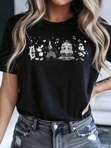 New 2026 Collection: Women's Cotton T-Shirt, Round Neck, Short Sleeve, Cartoon Print, Breathable And Lightweight, For Sports And Leisure, Suitable For Gifts And Parties. - 黑色 - 查看 1