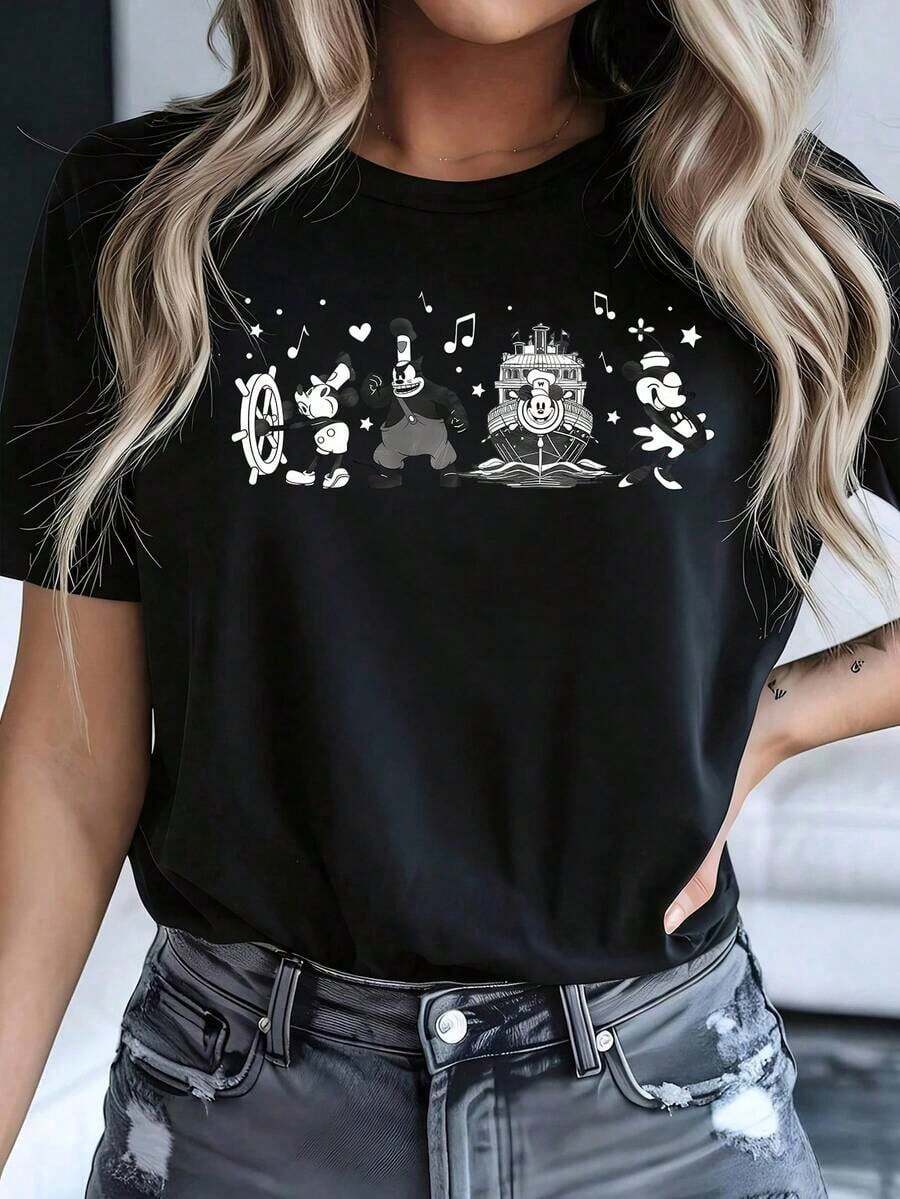 New 2026 Collection: Women's Cotton T-Shirt, Round Neck, Short Sleeve, Cartoon Print, Breathable And Lightweight, For Sports And Leisure, Suitable For Gifts And Parties. - 黑色 - 查看 1