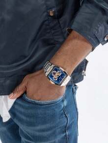 Guess 1 pieza Reloj de cuarzo de lujo casual y de moda para hombres, correa de acero inoxidable, cronógrafo multifunción, regalo perfecto para cumpleaños, aniversario y vacaciones GW0456G5 - Azul - Ver 3