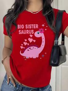 100% Cotton With Digital Print Pink Dinosaur With Hearts. Women's T-Shirt With Round Neck, Fun Big Sister Theme, 220 Grams, 1 Unit. 100% Cotton, Cheerful Style, Casual Design. Women's Simple Solid Color T-Shirt, Loose And Slim Fit Casual Short Sleeve - 紅色的 - 查看 11