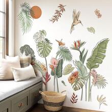 Tropical Plant Wall Stickers, Featuring Hand-Drawn Elements Of Turtle Leaf, Banana Leaf, And Hummingbird, Paired With Muted Morandi Colors To Create A Fresh And Healing Natural Atmosphere. Made Of Self-Adhesive Waterproof PVC Material, Firmly Attached Without Damaging Walls, Easy To Install And Freely Combinable To Customize Your Accent Wall - A - View 2