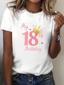 T-Shirt With "18th Birthday" Text Print, Short Sleeves, Round Neck, Casual Top, Women's Spring/Summer Clothing. Elegant Party Outfit, T-Shirt For Elegant Ladies, Blouses Suitable For Curvy Women, Casual Wear, Cool And Sweat-Free Summer Clothing, Fun Letter Print. - 白色 - 查看 1