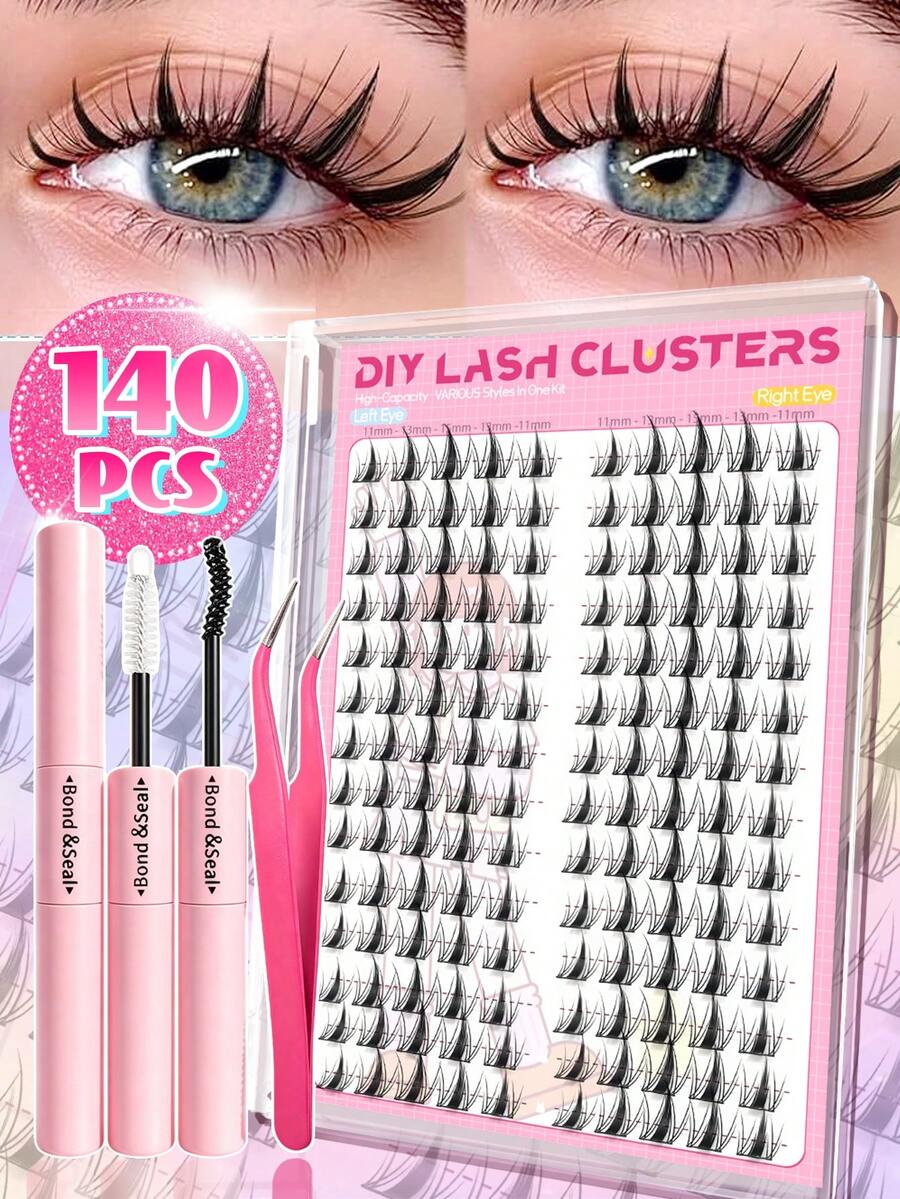 Eimny 140 piezas Kit de extensión de pestañas estilo dibujos animados, D-Curl 11mm Longitud mixta Pestañas postizas naturales y esponjosas, Set de alargamiento de pestañas DIY con pegamento, pinzas, cepillo, adecuado para DIY en casa, viaje, diario, boda, fiesta y principiantes, suministros para estilista de pestañas - Multicolor - Ver 1