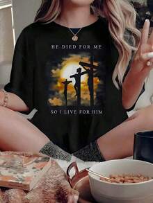 Short-Sleeve Black T-Shirt With Christian Phrase "He Died For Me" And Graphic Of Jesus On The Cross, Faith And Religious Scripture T-Shirt, Oversized Loose Praise Blouse, Christian Gift Tops, Cute Blouses, 100% Cotton - 黑色 - 查看 1
