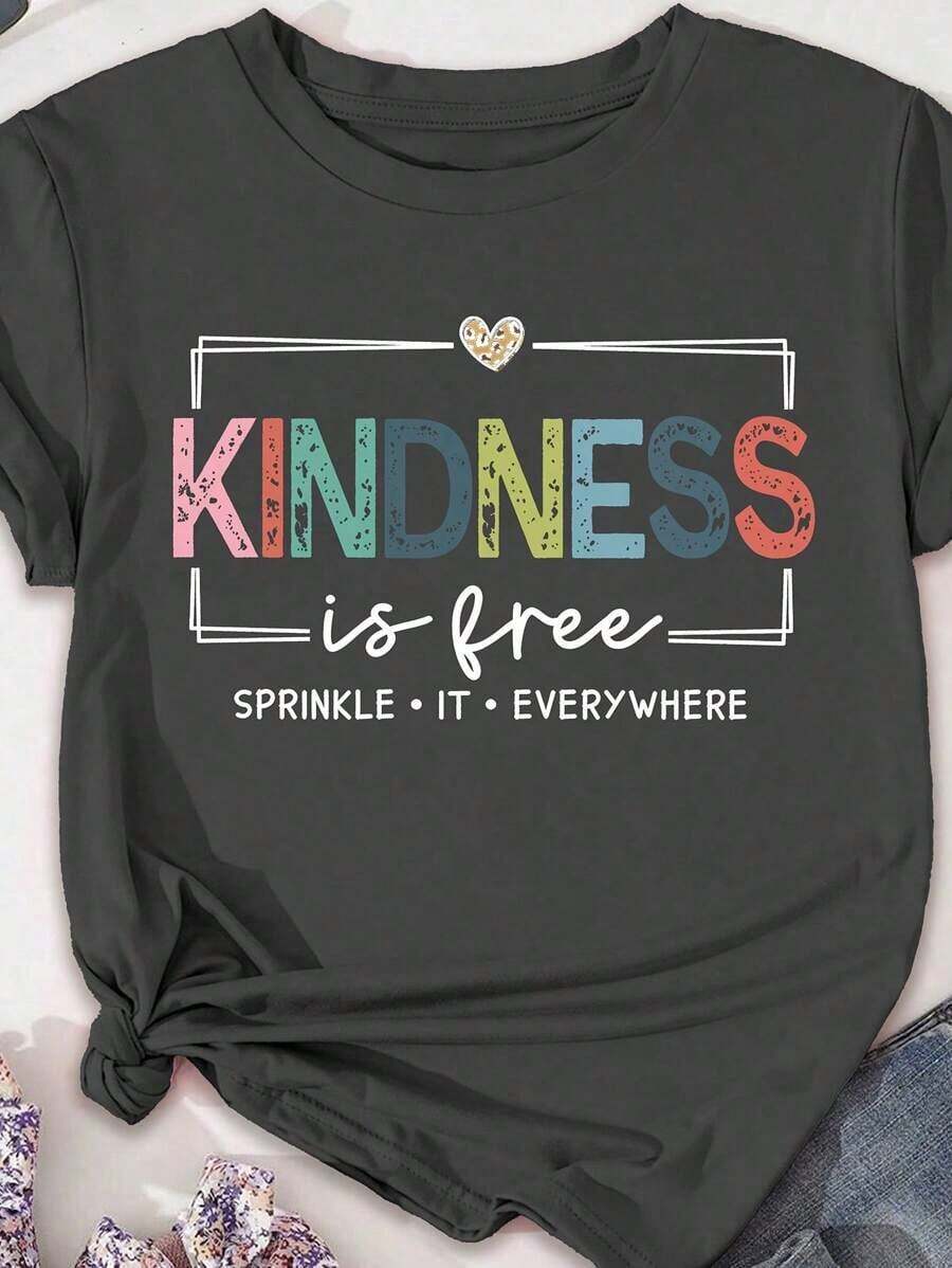 Plus Size T-Shirt Printed With "Kindness Is Free" - Gris - View 1