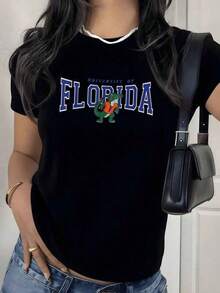 Florida Crocodile Graphic Print T-Shirt, 1 Piece, Retro College Style, Women's Casual T-Shirt 100% Cotton, Streetwear Style, Women's Casual Printed T-Shirt, Short Sleeve And Round Neck, Spring/Summer Local Urban Fashion. - 黑色 - 查看 6