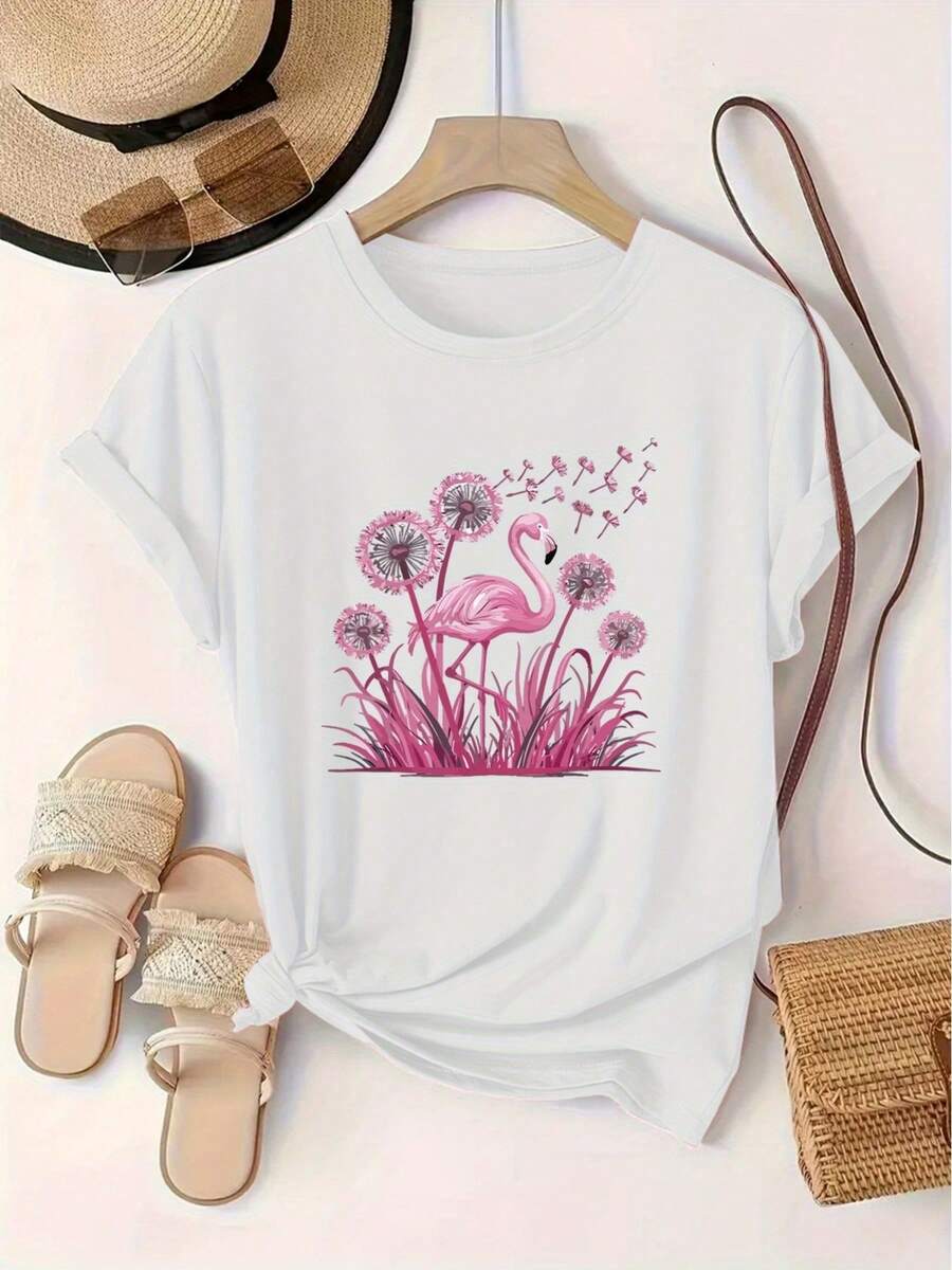 Women's T-Shirt With Floral Print, European And American Fashion, Round Neck, Short Sleeve, Women's Sports Sweater. - 白色 - 查看 1