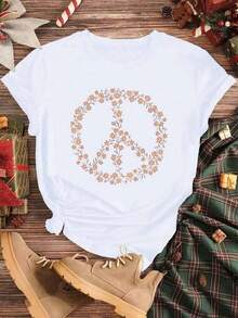 Camiseta Suave con Símbolo de la Paz Estilo Hippie, de Algodón Suave y Transpirable, Cuello Redondo, Ajuste Cómodo para Uso Diario, Camisetas con Estampados para Mujer - Blanco - Ver 7