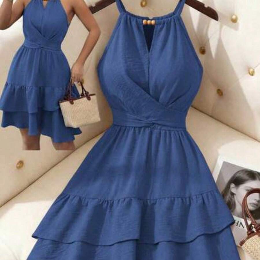 Vestido mini ajustado y acampanado sin mangas con lazo elegante y cuentas para mujer, color caqui, primavera/verano - Azul - Ver 1